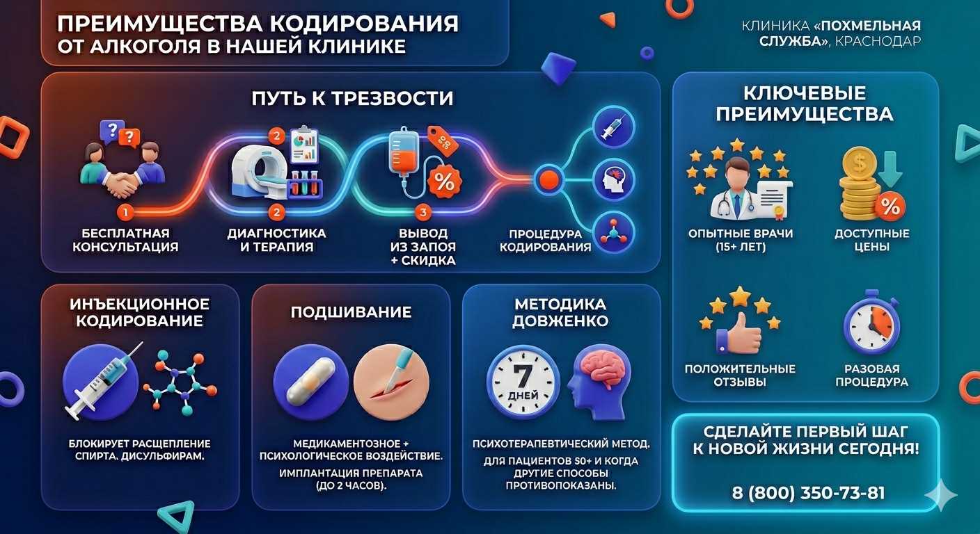 Инфографика о методах кодирования от алкоголя в Волгограде: инъекции, подшивание, метод Довженко. Преимущества клиники и этапы лечения.