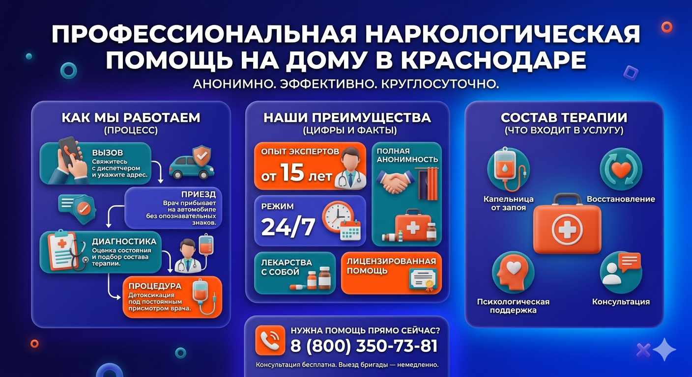 Инфографика о принципах лечения алкоголизма на дому в Волгограде: этапы вызова нарколога, преимущества анонимной детоксикации и состав медицинской помощи.